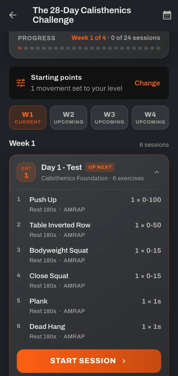 The 28-Day Calisthenics Challenge in the THYMOS app: starting points set to your level, week 1 of 4, and the day 1 test with its six exercises.
