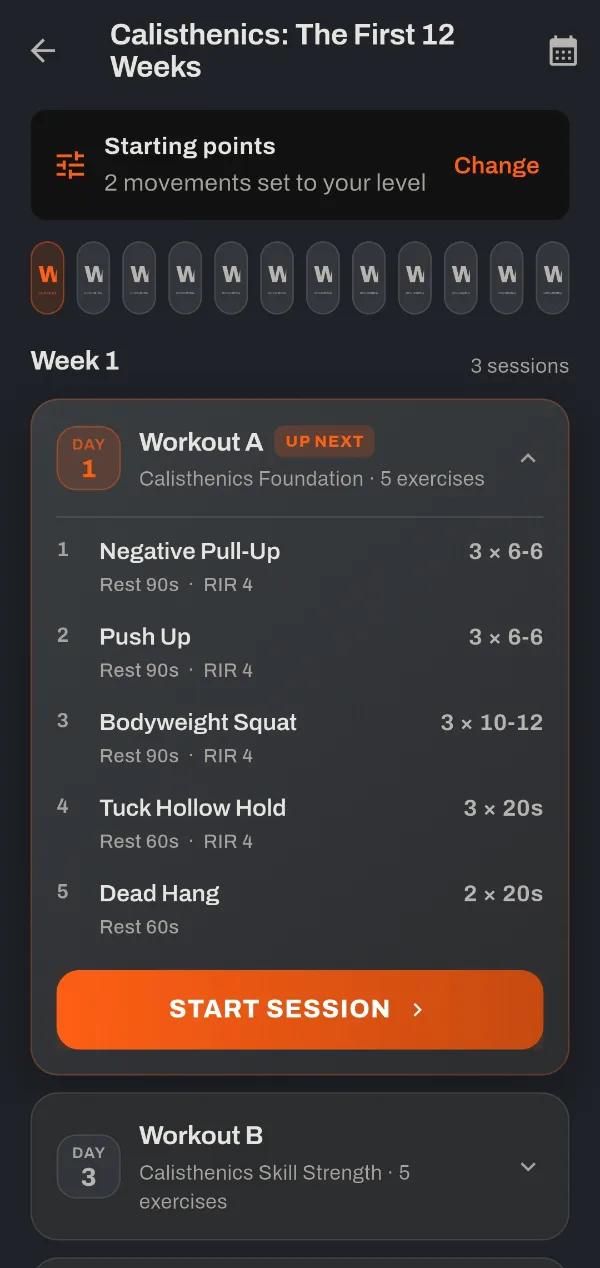 Calisthenics: The First 12 Weeks in the THYMOS app: starting points set to your level, week 1 of 12, and Workout A with its five exercises, sets and rest.