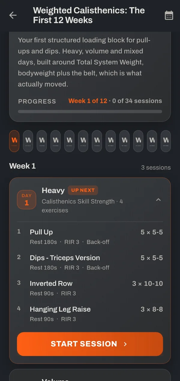Weighted Calisthenics: The First 12 Weeks in the THYMOS app: week 1 of 12, and the Heavy day with pull-ups and dips at 5 × 5, rest and back-off sets.